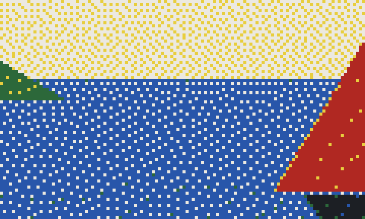 An extreme close-up of the frame's surface: a green headland, blue sea, pale sky and a red sail, each built from fine dots of six inks.