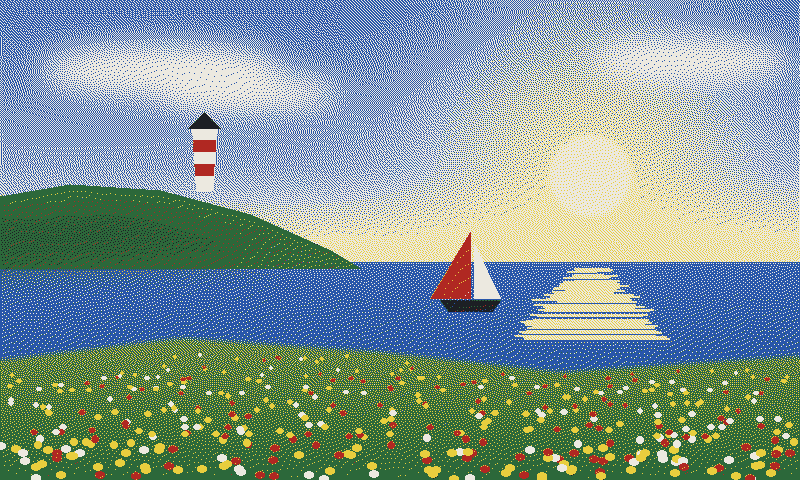 A seaside scene on the frame: a striped lighthouse on a green headland, a red-sailed boat, sunlight on the water and a meadow of flowers in the foreground.